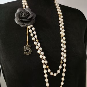 Camellia pearls necklace number 5 charm, white pearls necklace, black Camellia